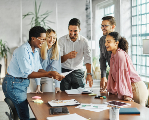 Diverse team collaborating in a modern office